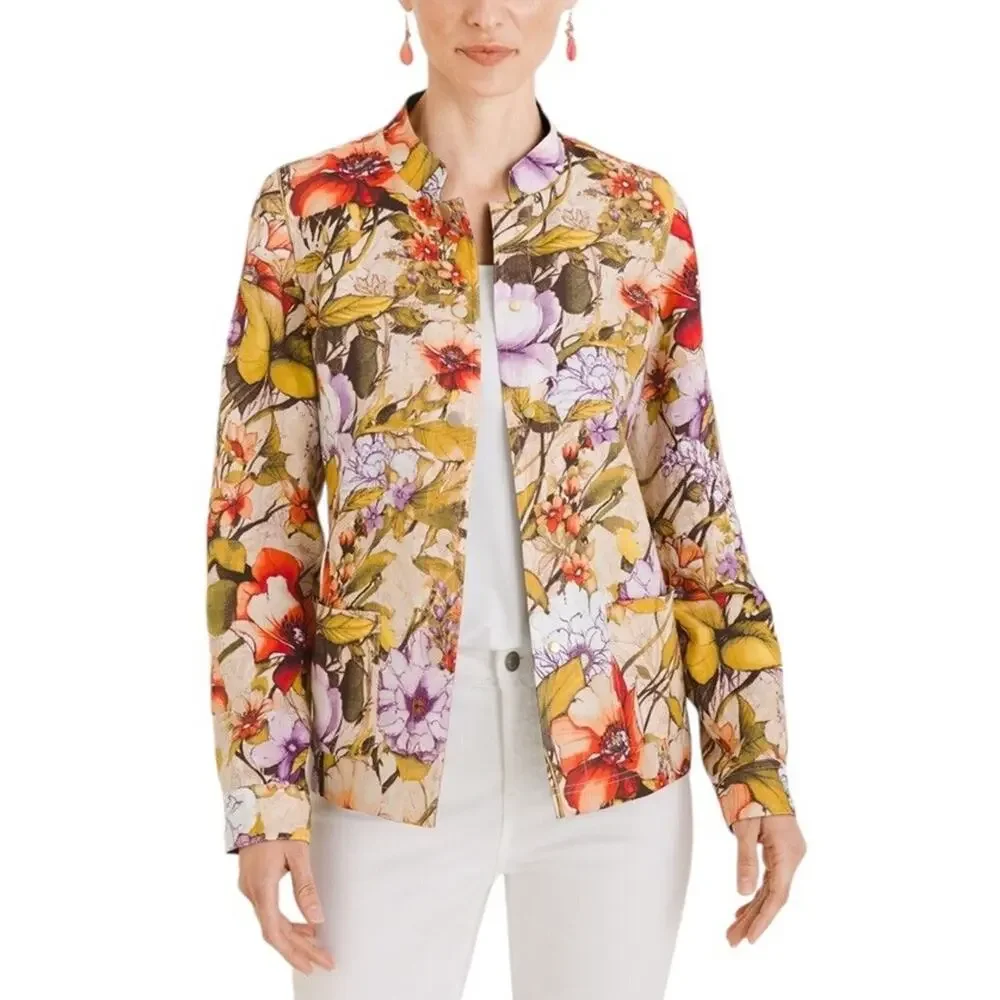 Chico's 100% Linen Jacket Plus Size 20-22‎ Reversible Floral Olive Green Pockets - Picture 10 of 16